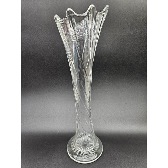 Vintage‎ Dugan Swung Vase Clear Ribbed Swirl Glass Trumpet Scalloped 8 Finger - Picture 5 of 10
